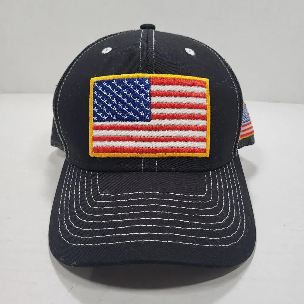 USA Flag‎ America July 4th Mesh Black Hat One Size Adjustable Snapback